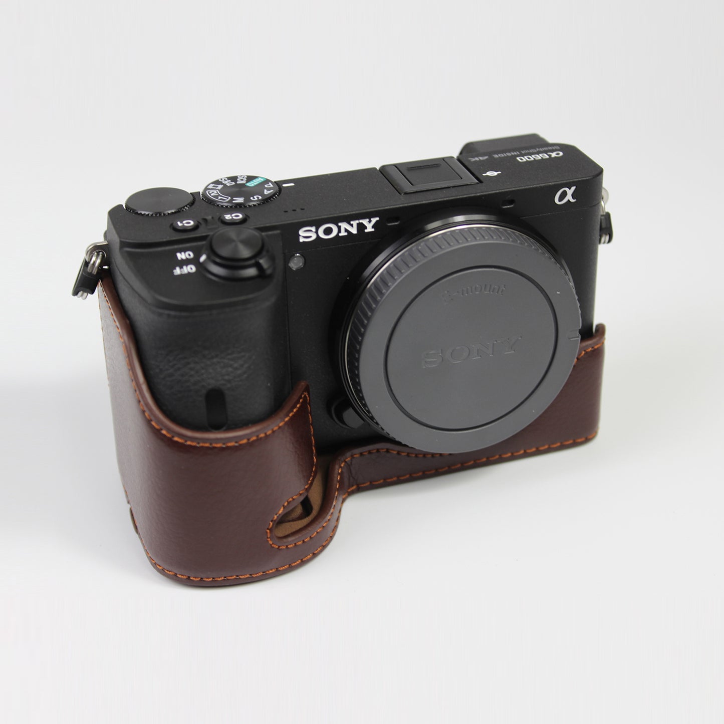 Genuine Leather Camera Protection Base Protection Semi-Case for Sony A6600 - Coffee
