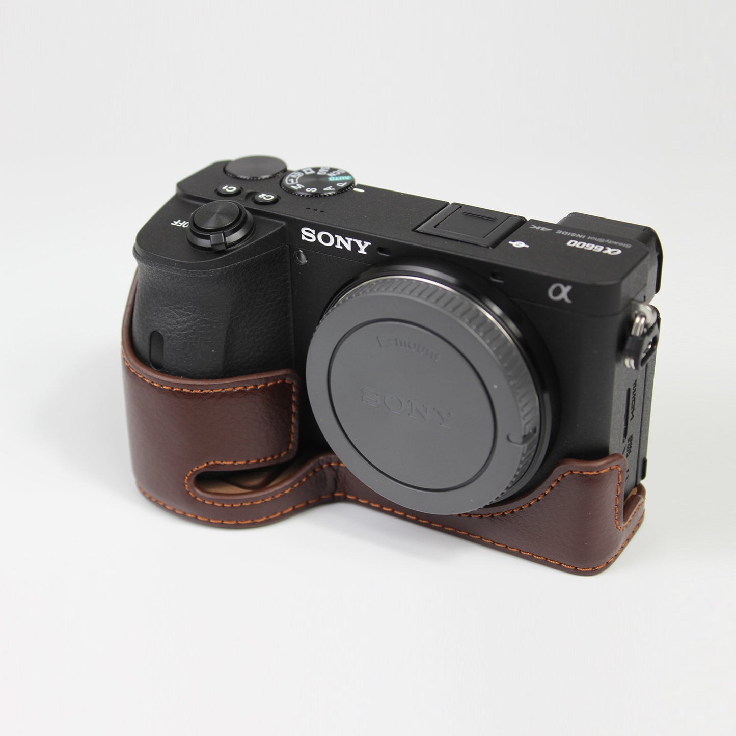 Genuine Leather Camera Protection Base Protection Semi-Case for Sony A6600 - Coffee