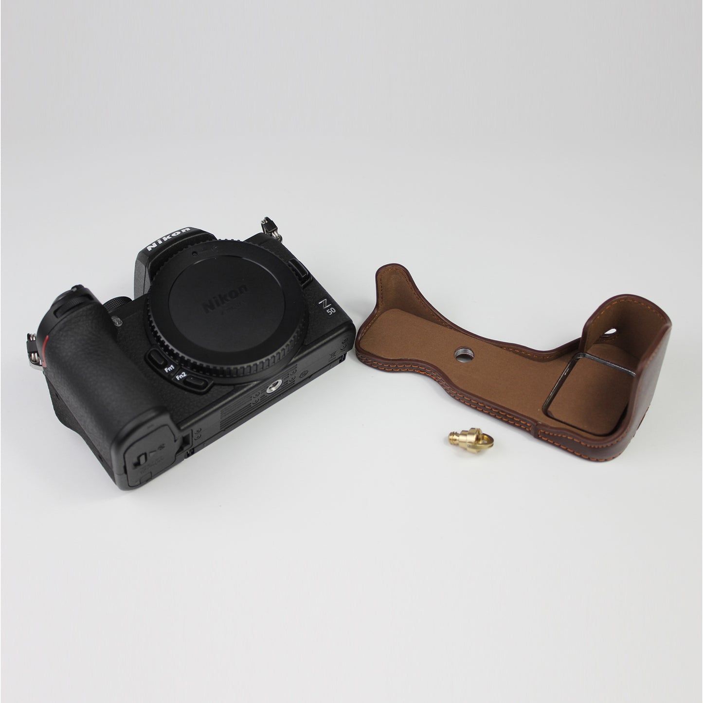 Genuine Leather Half Bottom Camera Protective Case Bag for Nikon Z50 / Z30 - Coffee