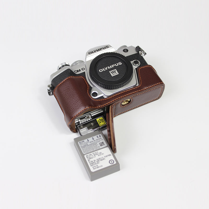 Genuine Leather Half Bottom Camera Protective Case Bag for for Olympus E-M5 Mark III - Brown