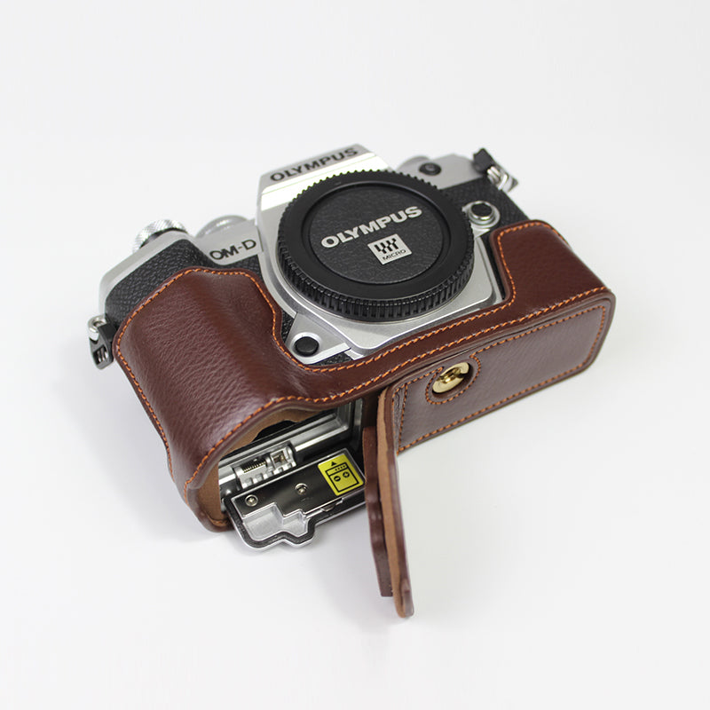 Genuine Leather Half Bottom Camera Protective Case Bag for for Olympus E-M5 Mark III - Brown