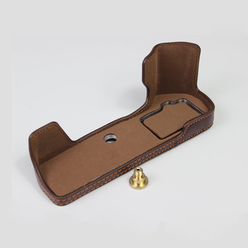 Genuine Leather Half Bottom Camera Protective Case Bag for for Olympus E-M5 Mark III - Brown