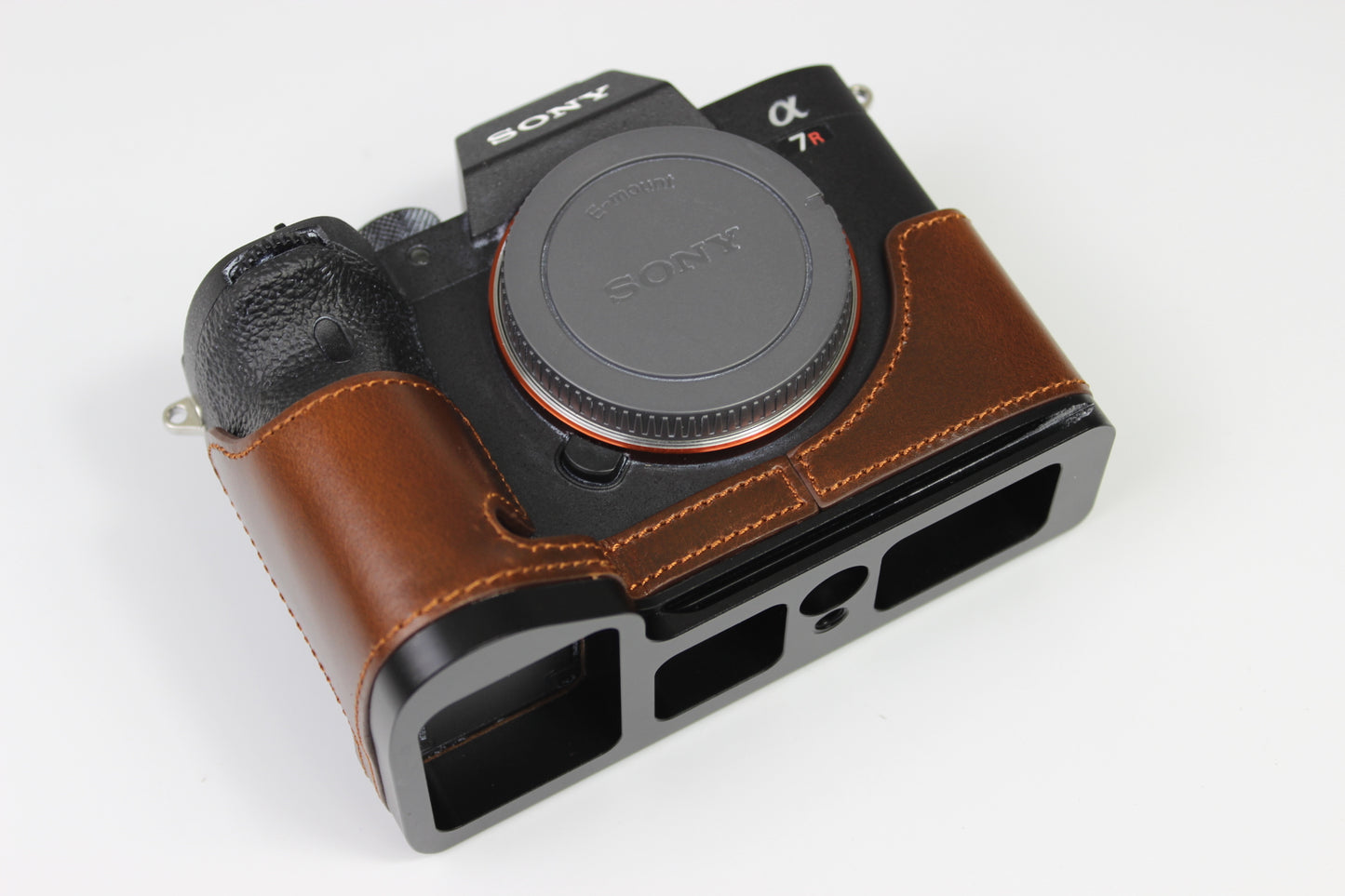 Genuine Leather Camera Half Case for Sony A7R4 / A9 II - Coffee