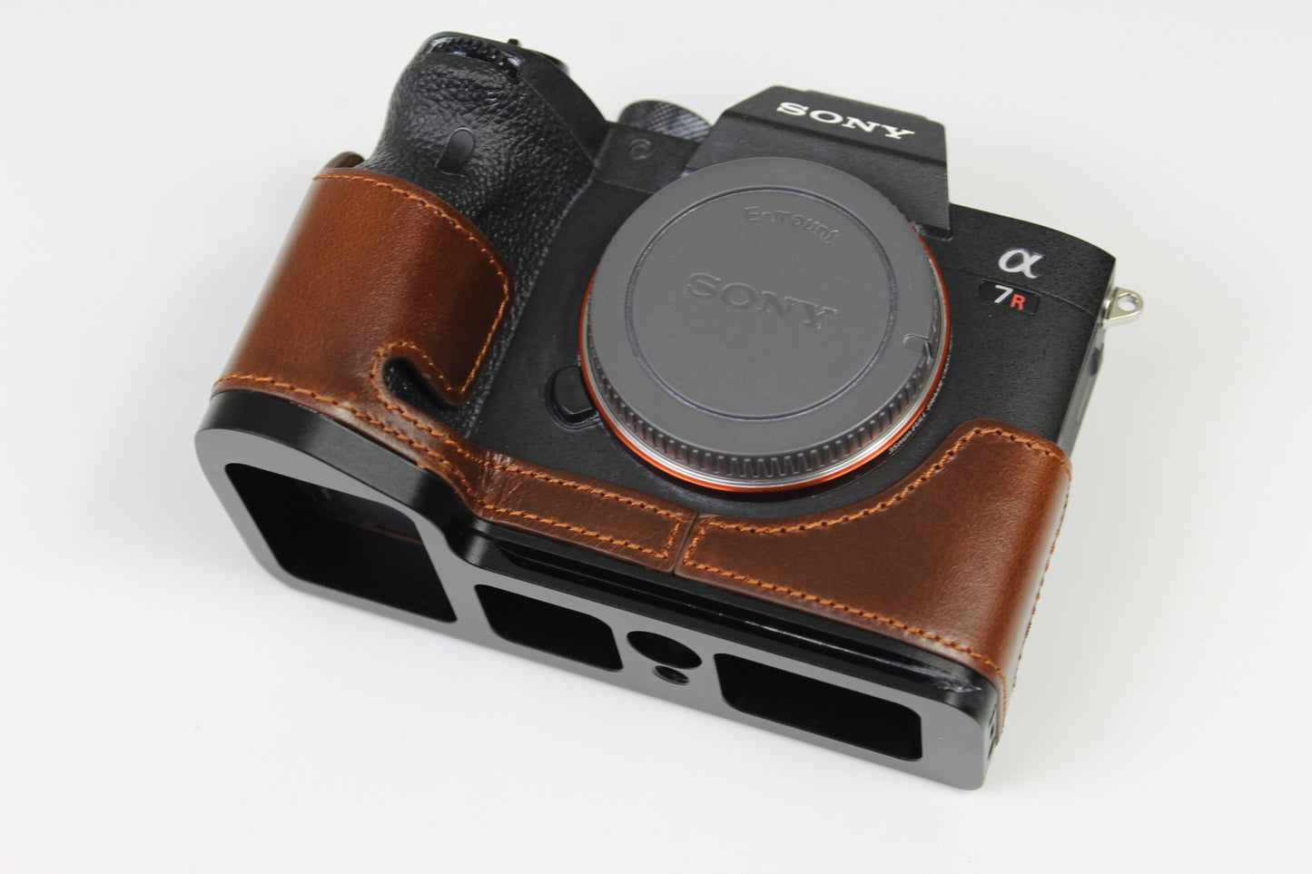 Genuine Leather Camera Half Case for Sony A7R4 / A9 II - Coffee
