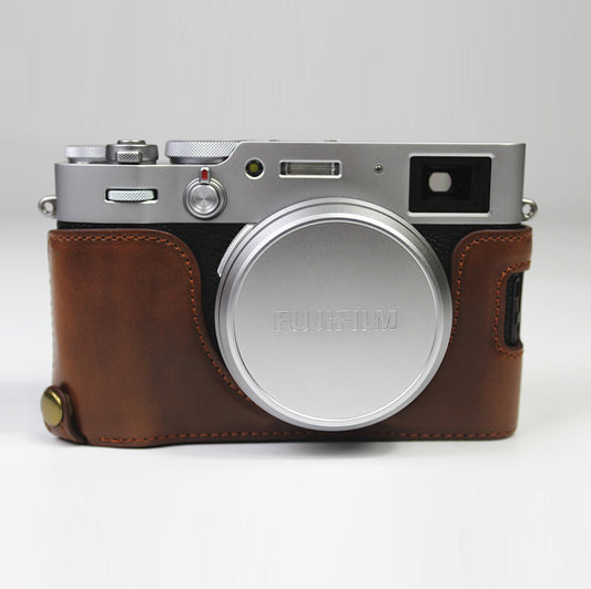 PU Leather Half Camera Case Bag Cover for FUJIFILM X100V - Coffee
