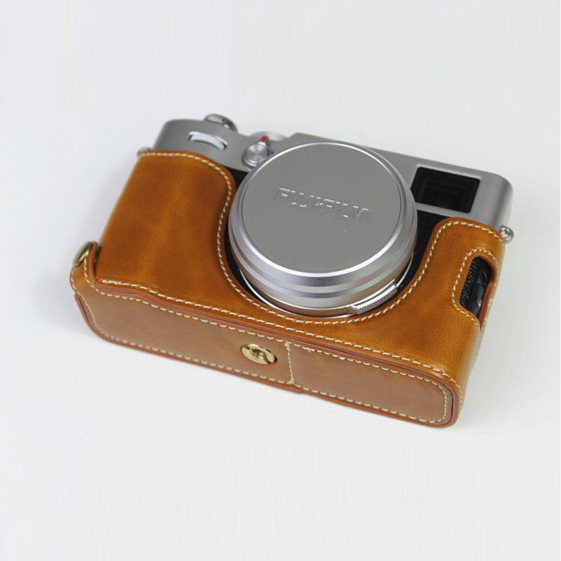 PU Leather Half Camera Case Bag Cover for FUJIFILM X100V - Brown
