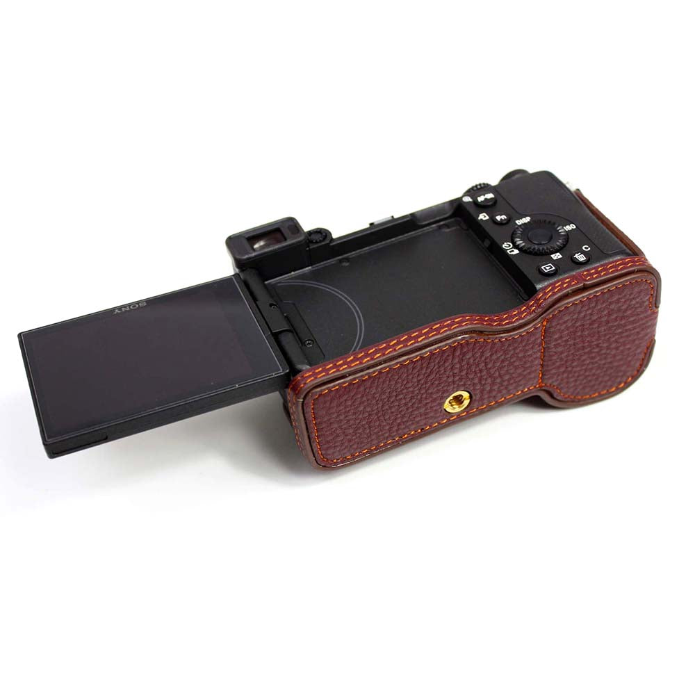 Genuine Leather Camera Half Cover Case for Sony A7C Camera - Coffee