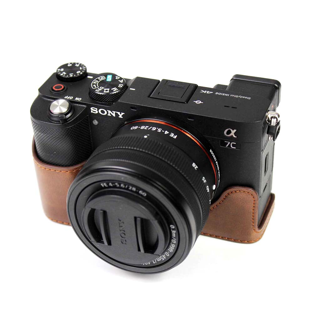 PU Leather Camera Half Cover Case for Sony A7C Camera - Coffee