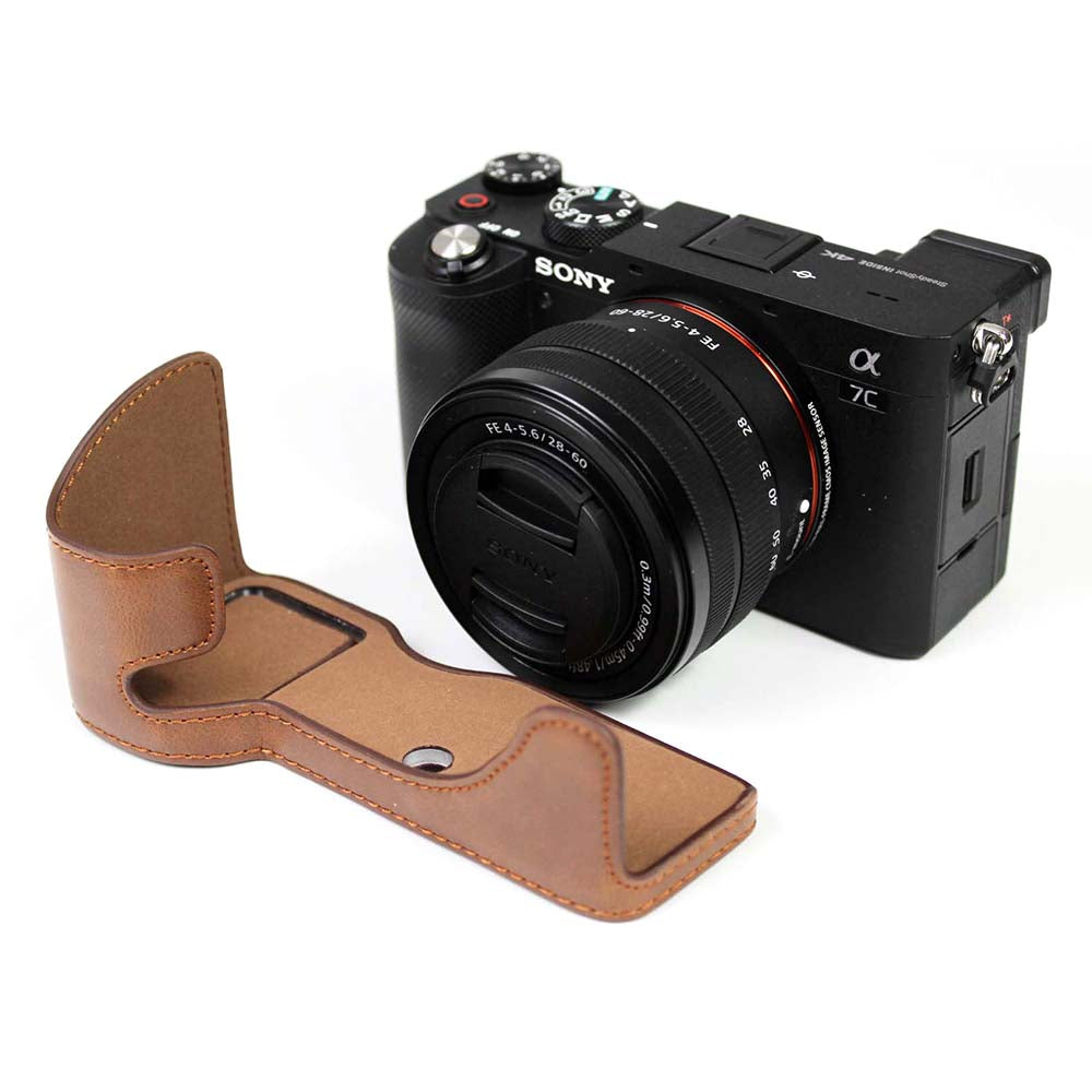 PU Leather Camera Half Cover Case for Sony A7C Camera - Coffee