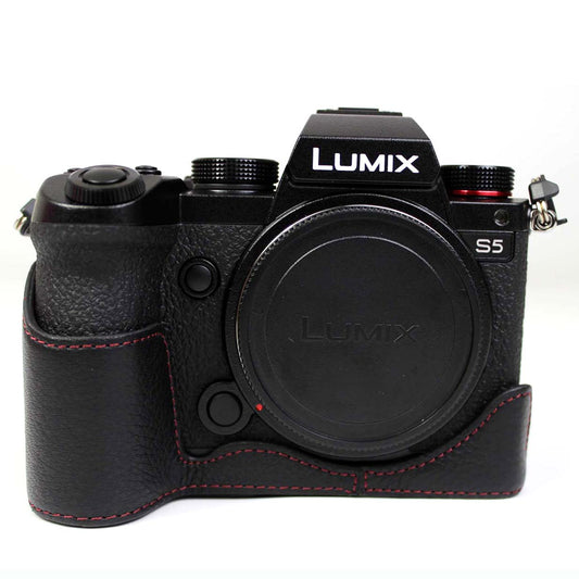 Genuine Leather Camera Protective Half Case Bottom Cover with Battery Opening for Panasonic Lumix S5 / S5 II - Black