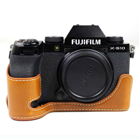 PU Leather Camera Half Case Bottom Cover with Battery Opening for Fujifilm X-S10 - Brown