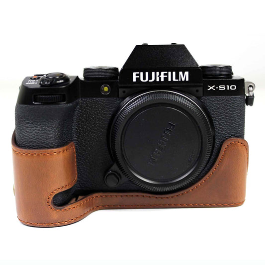 PU Leather Camera Half Case Bottom Cover with Battery Opening for Fujifilm X-S10 - Coffee