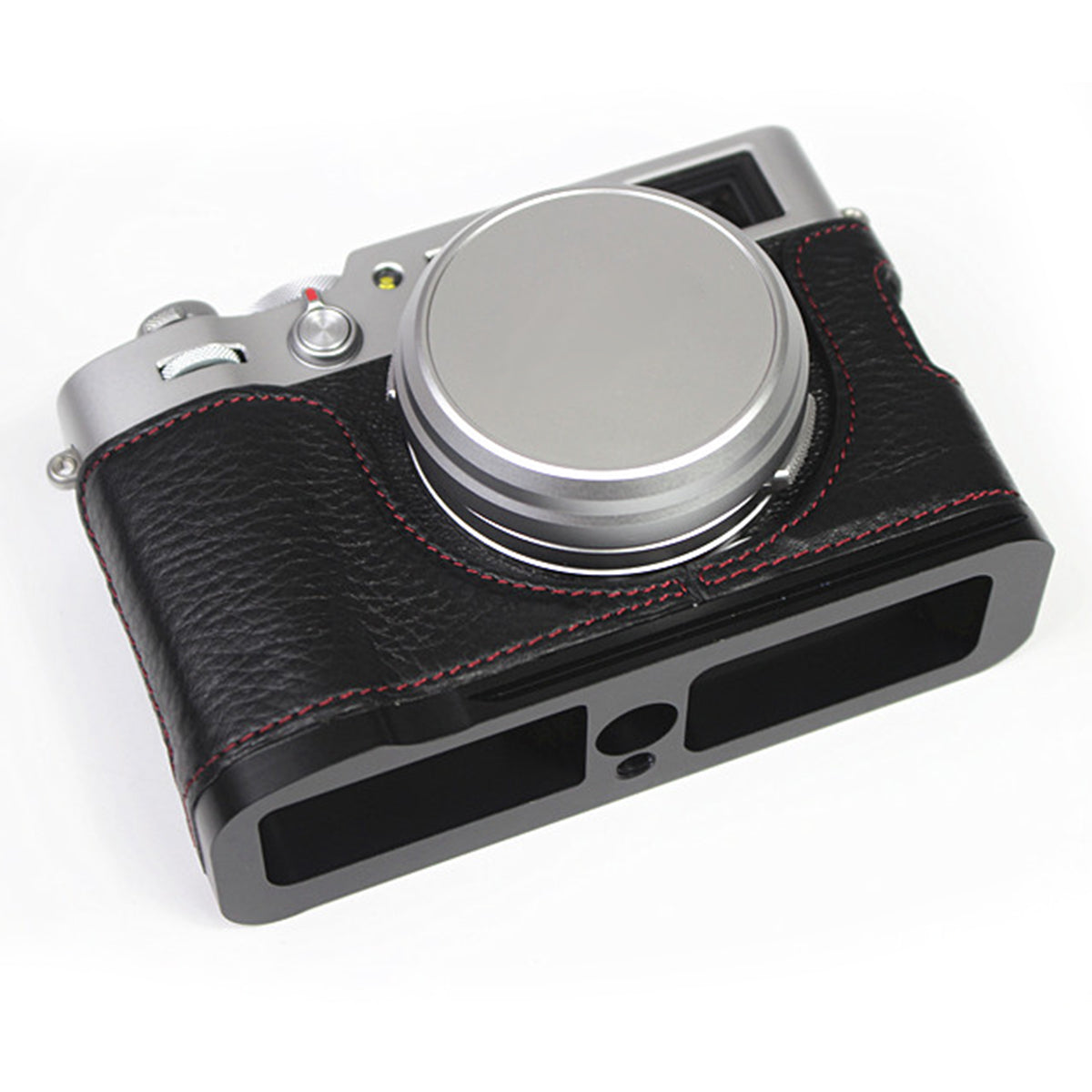 Genuine Leather Camera Half Body Cover Bottom Case Quick Release Plate Set for Fuji X100V - Litchi Texture Black