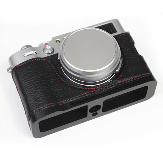 Genuine Leather Camera Half Body Cover Bottom Case Quick Release Plate Set for Fuji X100V - Litchi Texture Black