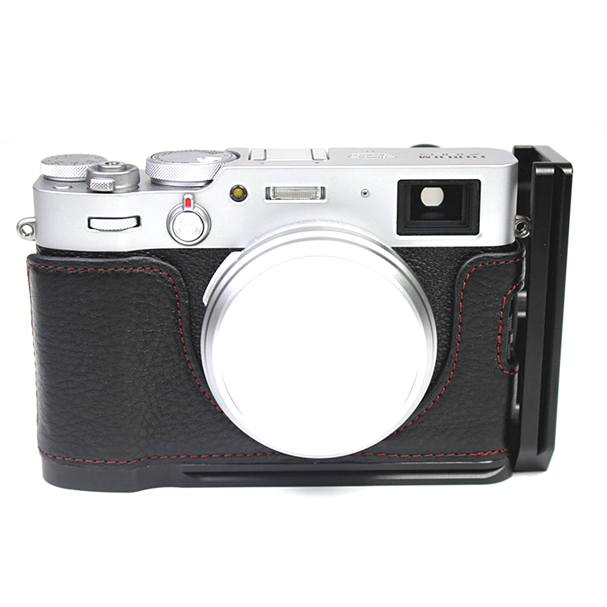 Genuine Leather Camera Half Body Cover Bottom Case Quick Release Plate Set for Fuji X100V - Litchi Texture Black
