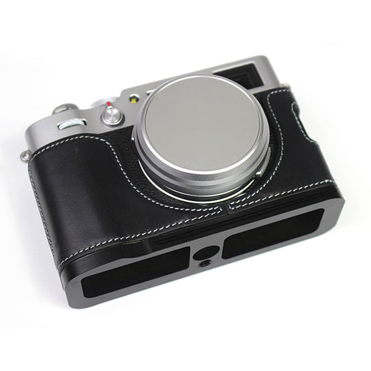Genuine Leather Camera Half Body Cover Bottom Case Quick Release Plate Set for Fuji X100V - Black