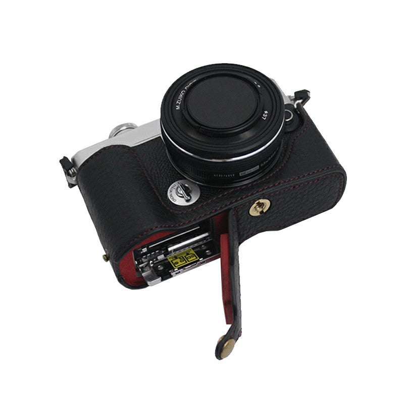 Camera Bottom Case Genuine Leather Protective Half Cover with Battery Opening for Olympus PEN E-P7/EP7 - Black