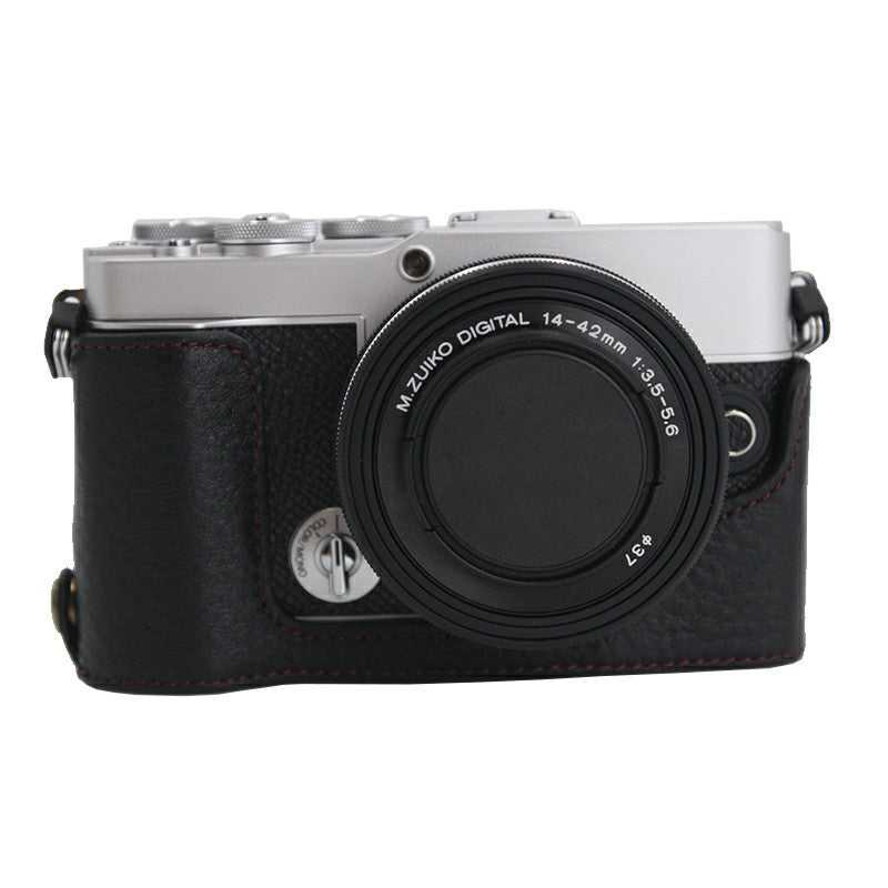 Camera Bottom Case Genuine Leather Protective Half Cover with Battery Opening for Olympus PEN E-P7/EP7 - Black