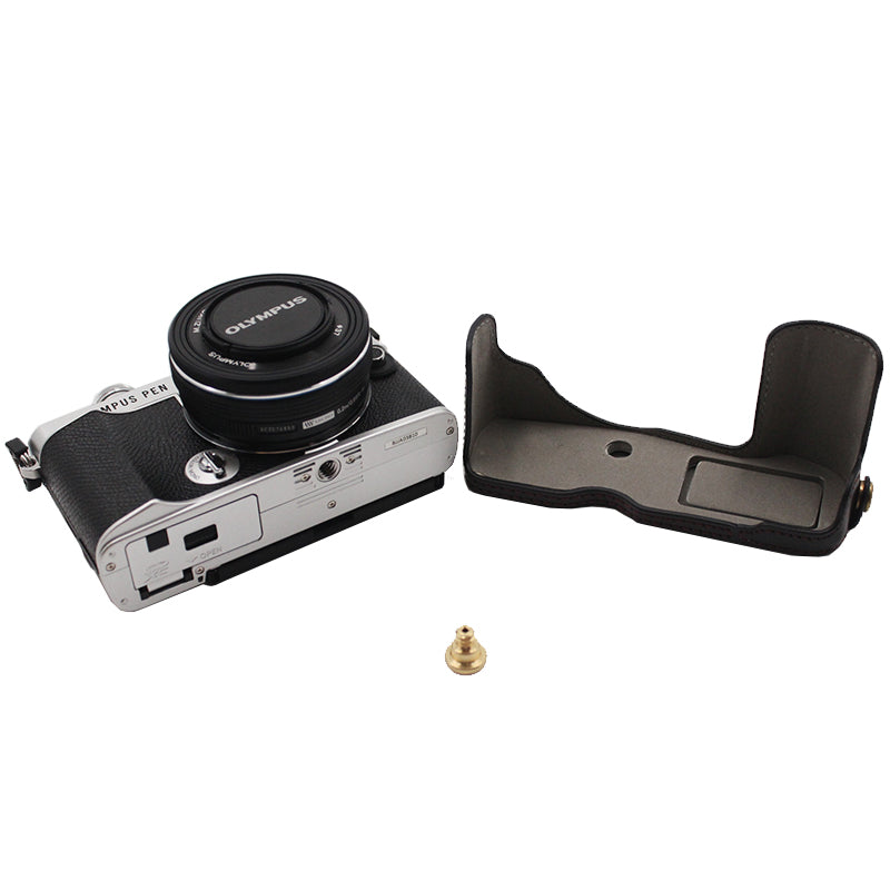 PU Leather Camera Bottom Case Protection Half Cover with Battery Opening for Olympus PEN E-P7/EP7 - Black