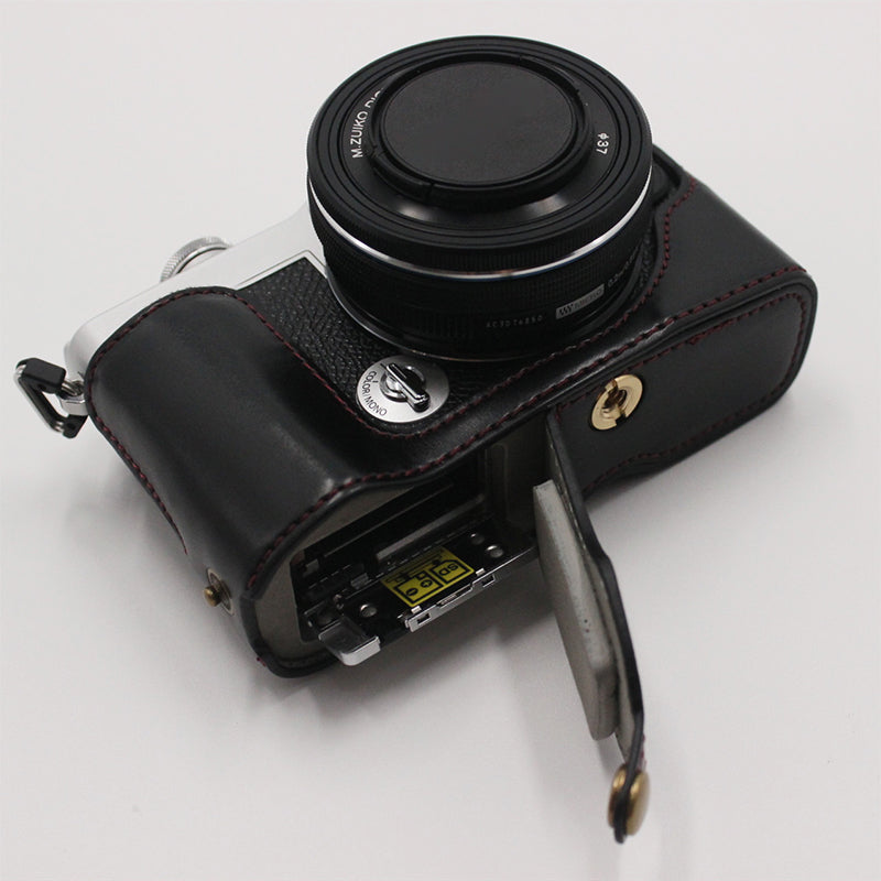 PU Leather Camera Bottom Case Protection Half Cover with Battery Opening for Olympus PEN E-P7/EP7 - Black