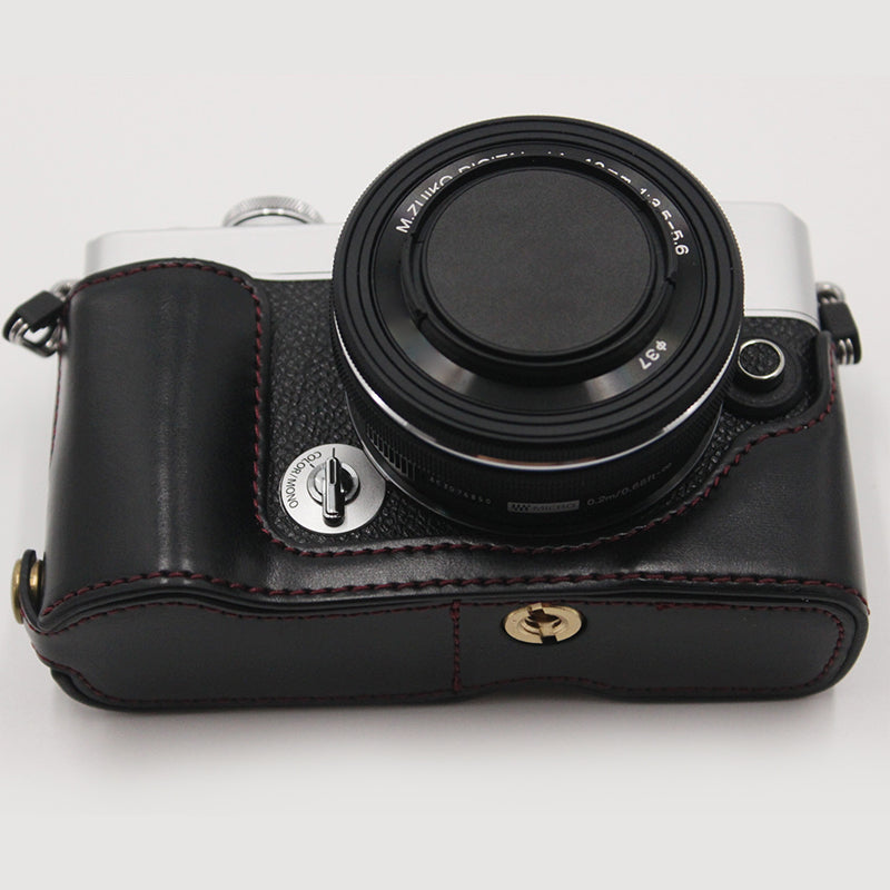 PU Leather Camera Bottom Case Protection Half Cover with Battery Opening for Olympus PEN E-P7/EP7 - Black