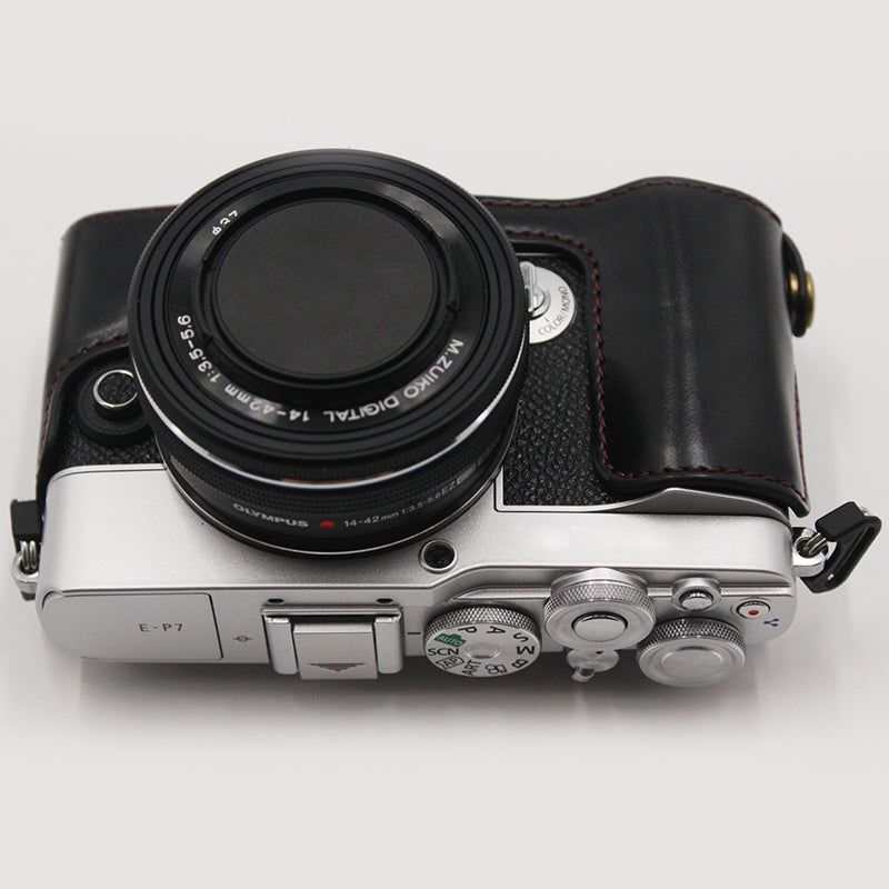 PU Leather Camera Bottom Case Protection Half Cover with Battery Opening for Olympus PEN E-P7/EP7 - Black