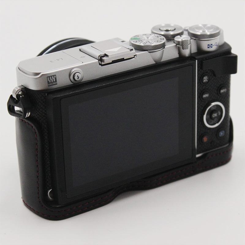 PU Leather Camera Bottom Case Protection Half Cover with Battery Opening for Olympus PEN E-P7/EP7 - Black