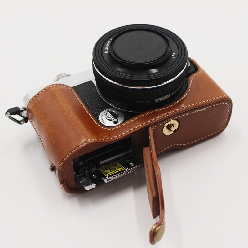 PU Leather Camera Bottom Case Protection Half Cover with Battery Opening for Olympus PEN E-P7/EP7 - Brown