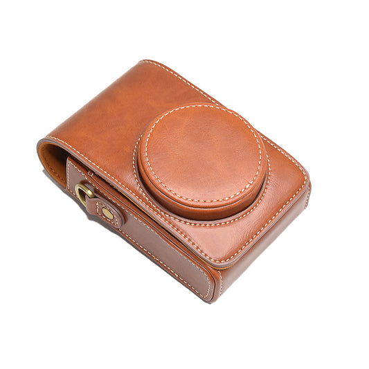 PU Leather Camera Bag Protective Cover with Shoulder Strap for Ricoh GR III/GR II - Brown