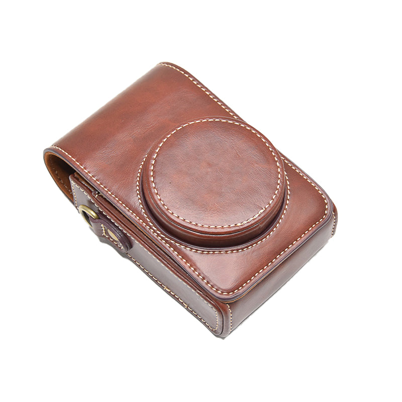 PU Leather Camera Bag Protective Cover with Shoulder Strap for Ricoh GR III/GR II - Coffee