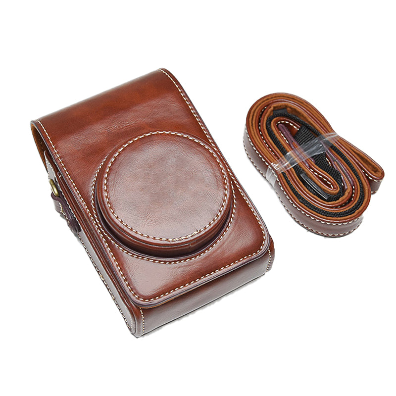 PU Leather Camera Bag Protective Cover with Shoulder Strap for Ricoh GR III/GR II - Coffee