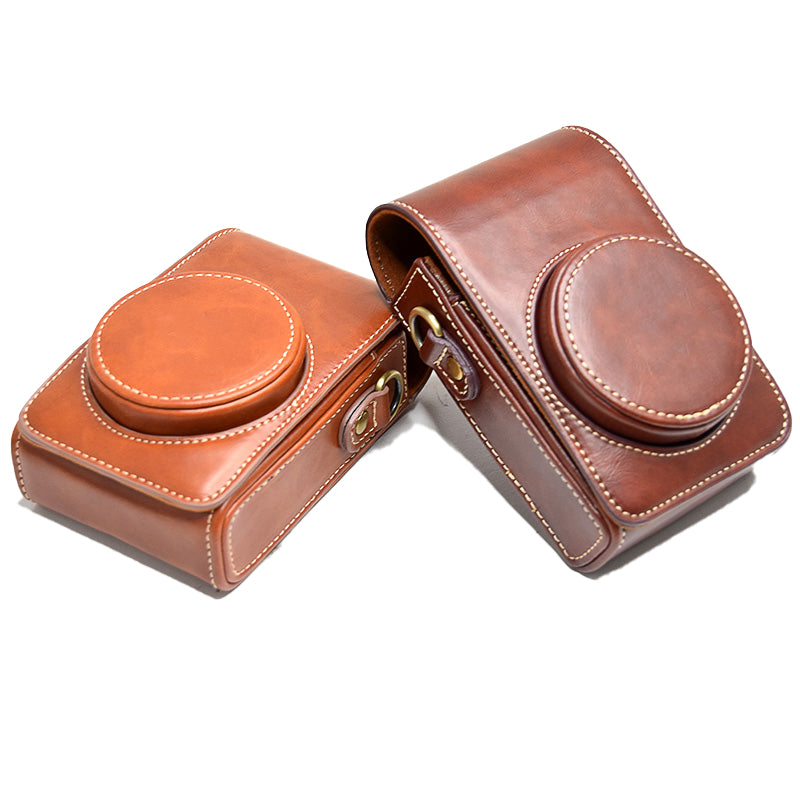 PU Leather Camera Bag Protective Cover with Shoulder Strap for Ricoh GR III/GR II - Coffee