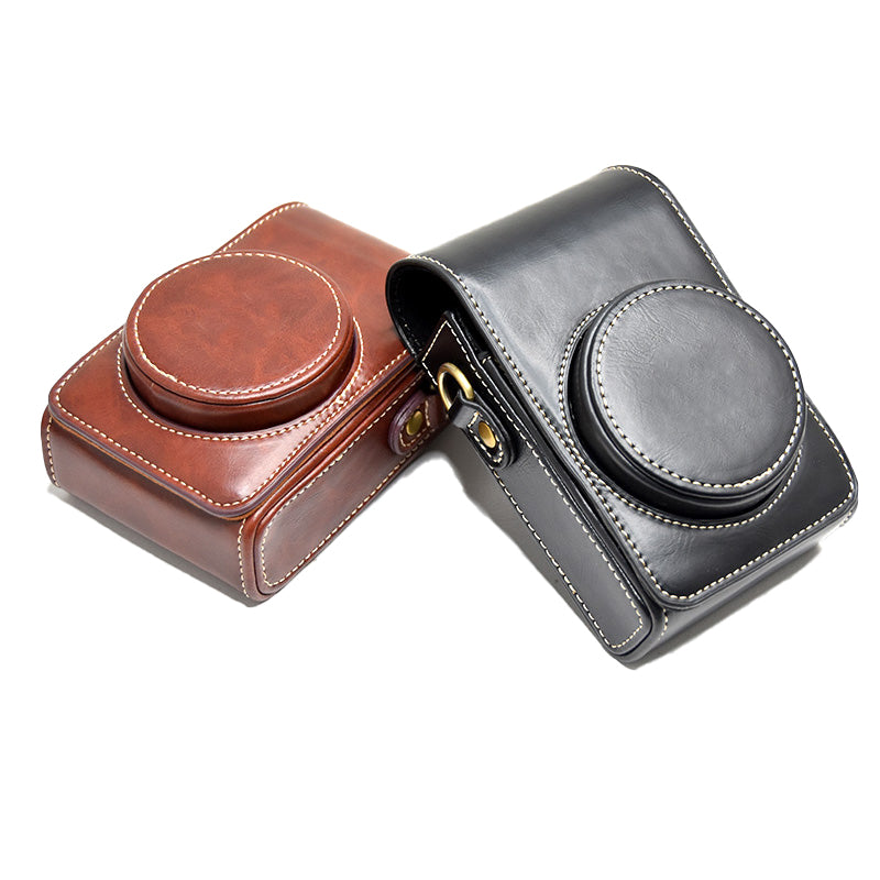 PU Leather Camera Bag Protective Cover with Shoulder Strap for Ricoh GR III/GR II - Coffee