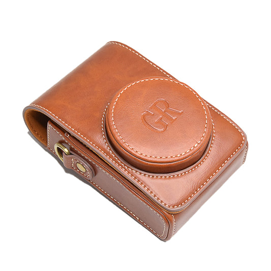 PU Leather Camera Bag Protective Cover with Shoulder Strap for Ricoh GR III/GR II - Brown/with Letters