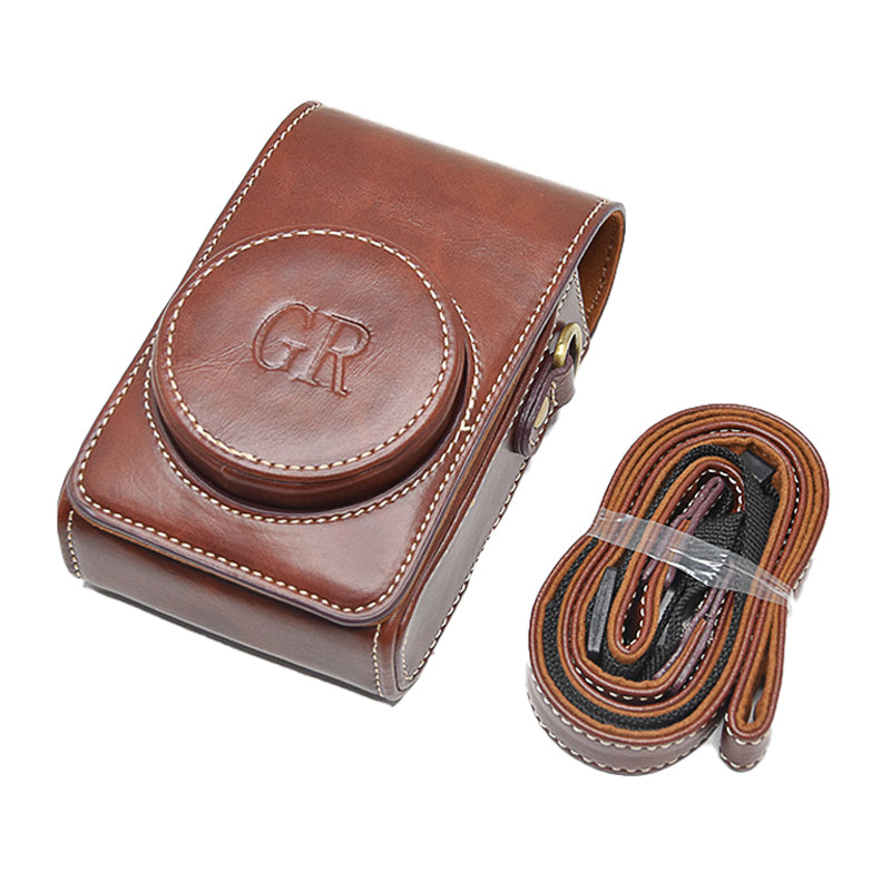 PU Leather Camera Bag Protective Cover with Shoulder Strap for Ricoh GR III/GR II - Coffee/with Letters