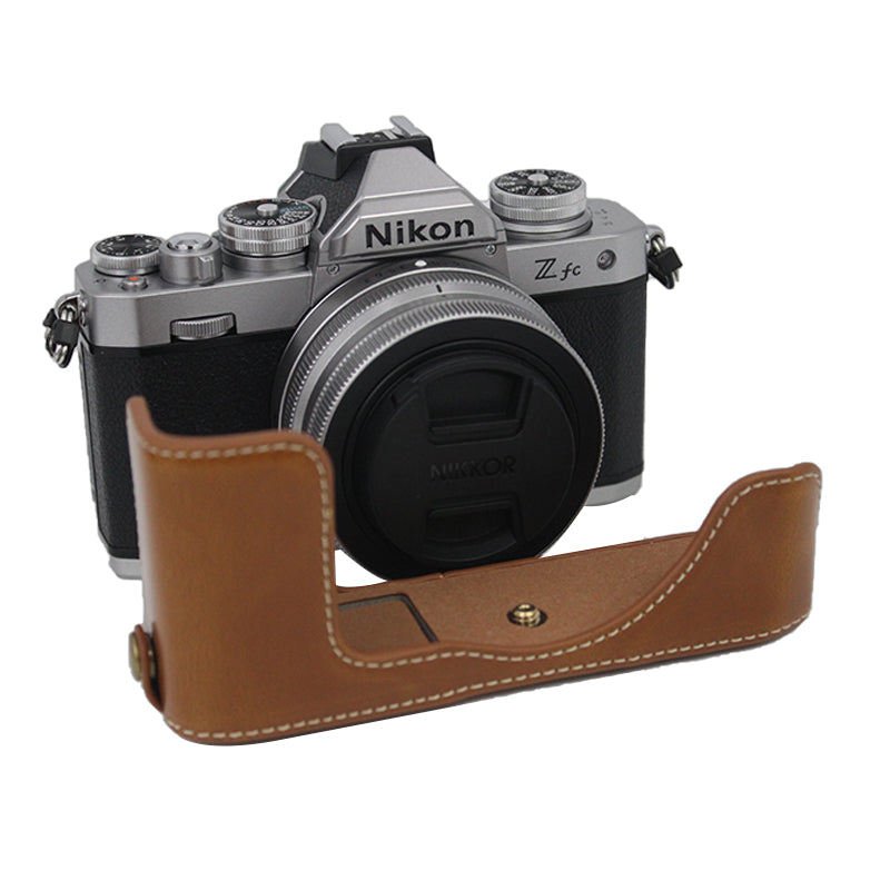 PU Leather Detachable Camera Bag Case Battery Opening Design Protective Cover with Lens Pouch and Shoulder Strap for Nikon Z fc 28mm - Brown
