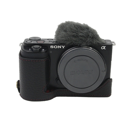 Genuine Leather Camera Bottom Case Protective Half Body Cover with Battery Opening for Sony ZV-E10 - Black