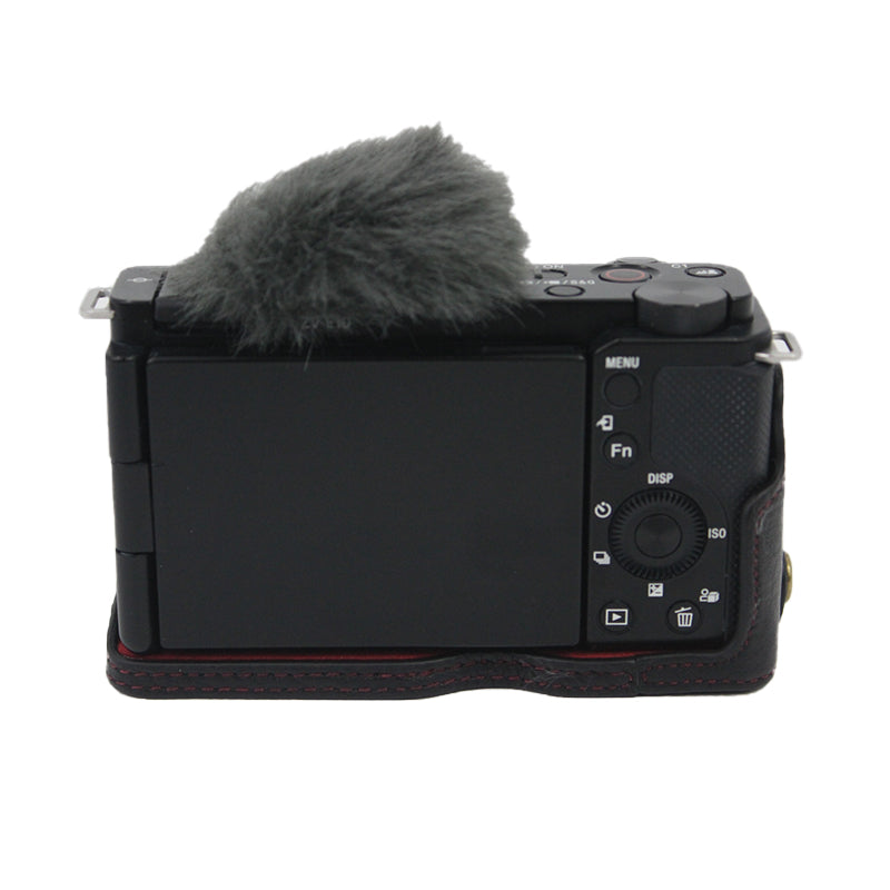 Genuine Leather Camera Bottom Case Protective Half Body Cover with Battery Opening for Sony ZV-E10 - Black