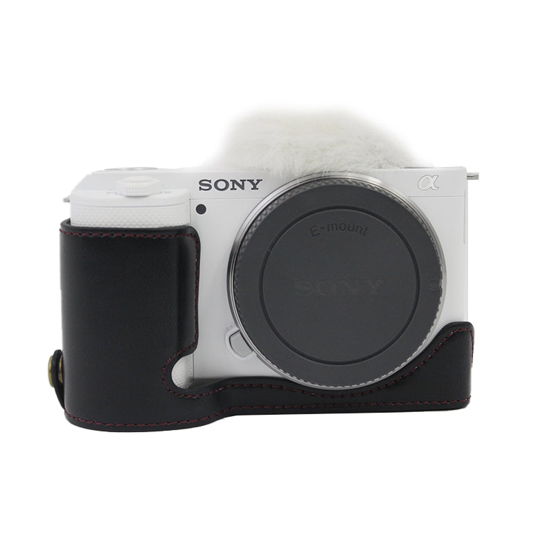 Camera Bottom Case Bag PU Leather Protective Half Body Cover with Battery Opening for Sony ZV-E10 - Black