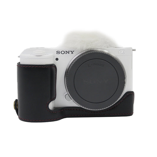 Camera Bottom Case Bag PU Leather Protective Half Body Cover with Battery Opening for Sony ZV-E10 - Black