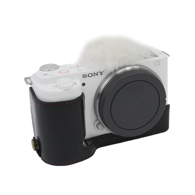 Camera Bottom Case Bag PU Leather Protective Half Body Cover with Battery Opening for Sony ZV-E10 - Black