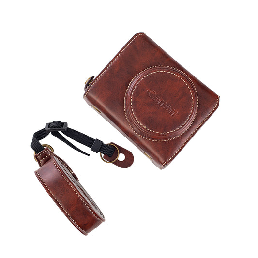 for Canon G7 X Mark III / G7 X Mark II Detachable PU Leather Camera Bag Battery Opening Design Protective Cover with Shoulder Strap - Crazy Horse Texture / Coffee