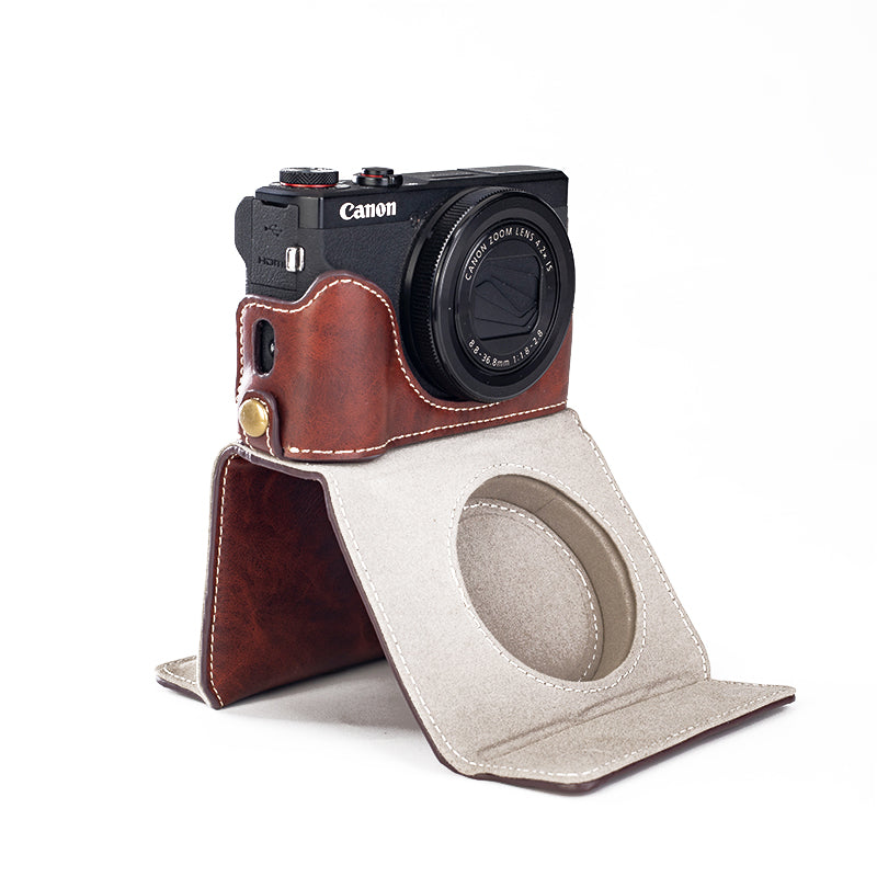 for Canon G7 X Mark III / G7 X Mark II Detachable PU Leather Camera Bag Battery Opening Design Protective Cover with Shoulder Strap - Crazy Horse Texture / Coffee