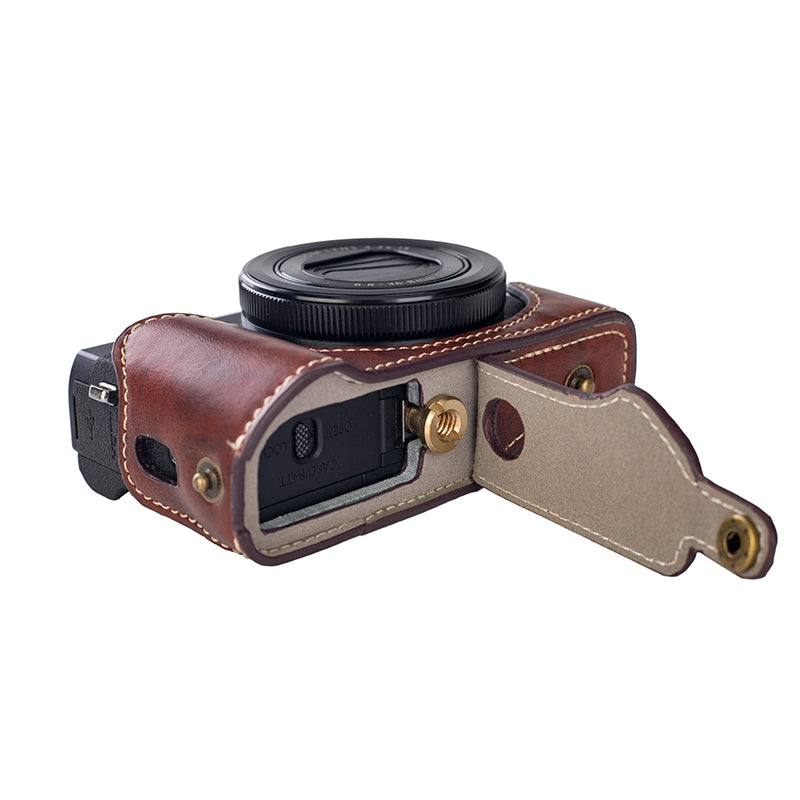 for Canon G7 X Mark III / G7 X Mark II Detachable PU Leather Camera Bag Battery Opening Design Protective Cover with Shoulder Strap - Crazy Horse Texture / Coffee