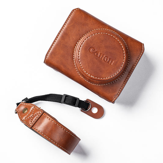 for Canon G7 X Mark III/G7 X Mark II Detachable PU Leather Camera Bag Battery Opening Design Protective Cover with Shoulder Strap - Crazy Horse Texture/Brown