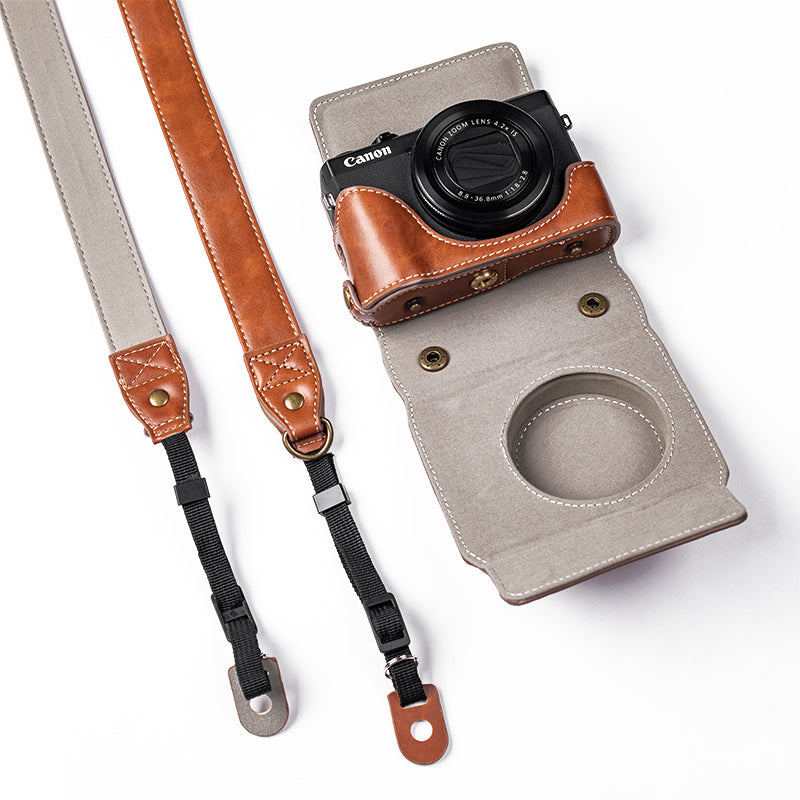 for Canon G7 X Mark III/G7 X Mark II Detachable PU Leather Camera Bag Battery Opening Design Protective Cover with Shoulder Strap - Crazy Horse Texture/Brown