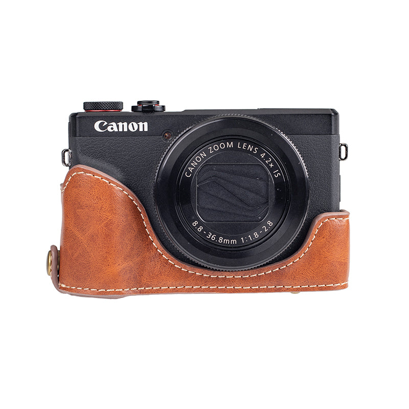 for Canon G7 X Mark III/G7 X Mark II Detachable PU Leather Camera Bag Battery Opening Design Protective Cover with Shoulder Strap - Crazy Horse Texture/Brown