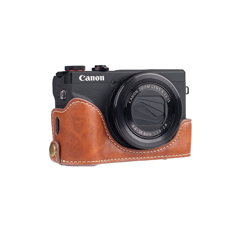 for Canon G7 X Mark III/G7 X Mark II Detachable PU Leather Camera Bag Battery Opening Design Protective Cover with Shoulder Strap - Crazy Horse Texture/Brown