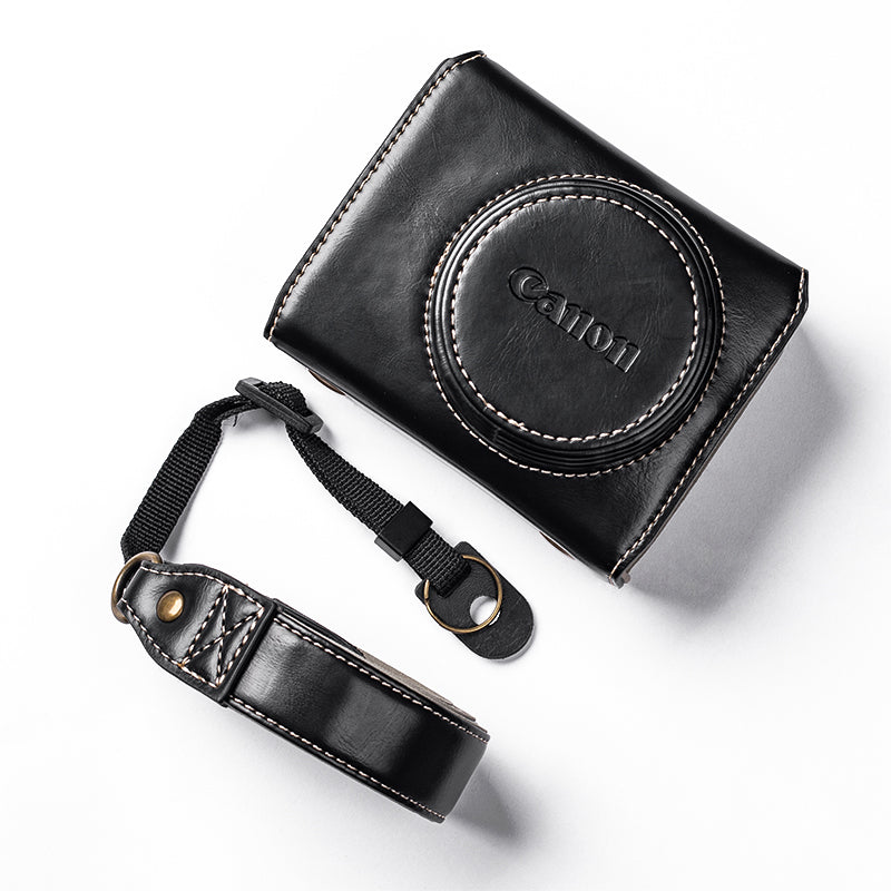 for Canon G7 X Mark III/G7 X Mark II Detachable PU Leather Camera Bag Battery Opening Design Protective Cover with Shoulder Strap - Crazy Horse Texture/Black