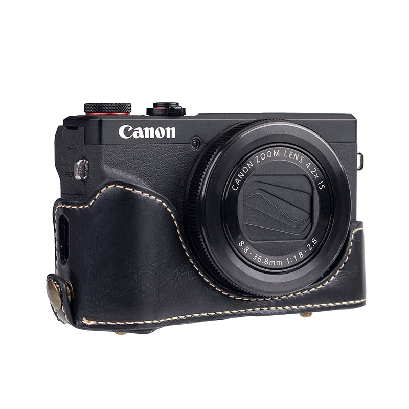 for Canon G7 X Mark III/G7 X Mark II Detachable PU Leather Camera Bag Battery Opening Design Protective Cover with Shoulder Strap - Crazy Horse Texture/Black